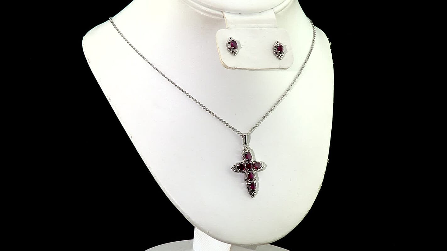 EverTrue Orissa Rhodolite Garnet Earrings and Cross Pendant Necklace (20 Inches) in Stainless Steel 4.50 ctw