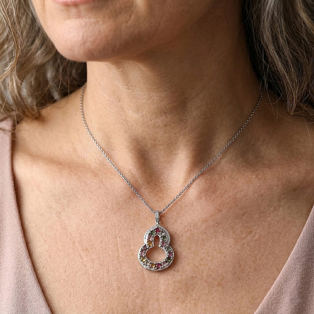 Multi-Tourmaline and Simulated Diamond 8.00 ctw Pendant in Silvertone with Stainless Steel Necklace (20 Inches)