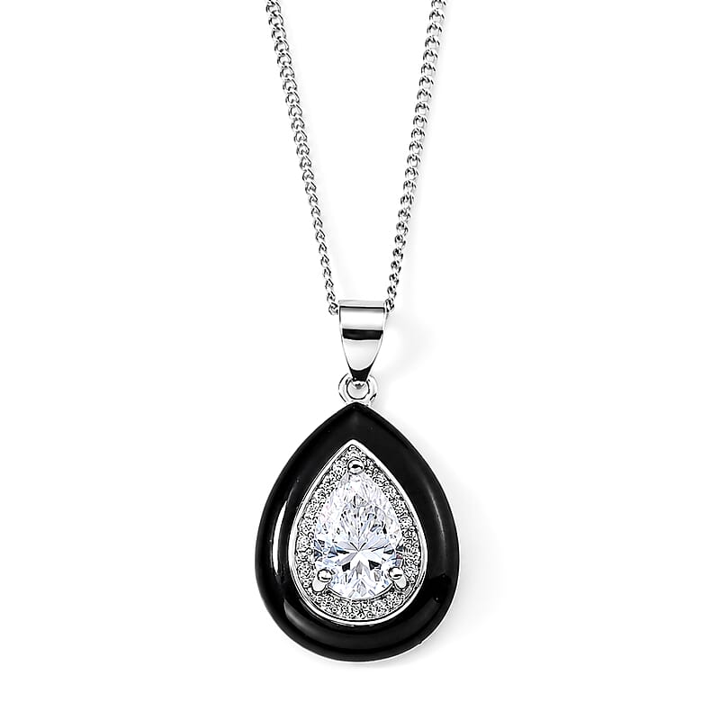 D'Joy Moissanite and Black Jade (D) 8.60 ctw Pendant Necklace in Rhodium Over Sterling Silver 18 Inches