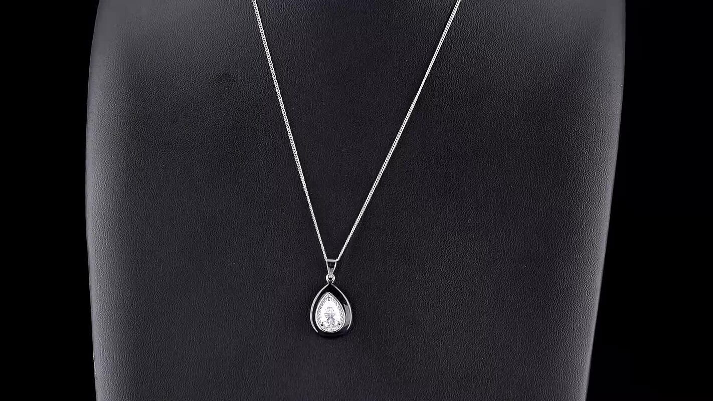 D'Joy Moissanite (Pear 9x6mm), Black Jade Pendant Necklace (18 Inches) in Rhodium Over Sterling Silver 8.60 ctw