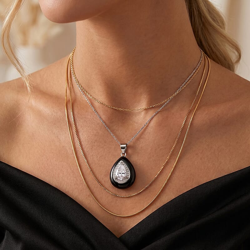 D'Joy Moissanite and Black Jade (D) 8.60 ctw Pendant Necklace in Rhodium Over Sterling Silver 18 Inches