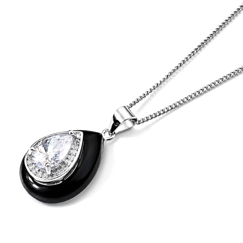 D'Joy Moissanite and Black Jade (D) 8.60 ctw Pendant Necklace in Rhodium Over Sterling Silver 18 Inches