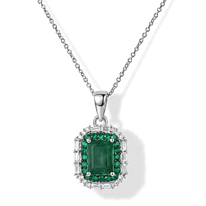 D'Joy Premium Kagem Zambian Emerald and Moissanite 1.65 ctw Royal Glow Pendant Necklace in Rhodium Over Sterling Silver 18 Inches