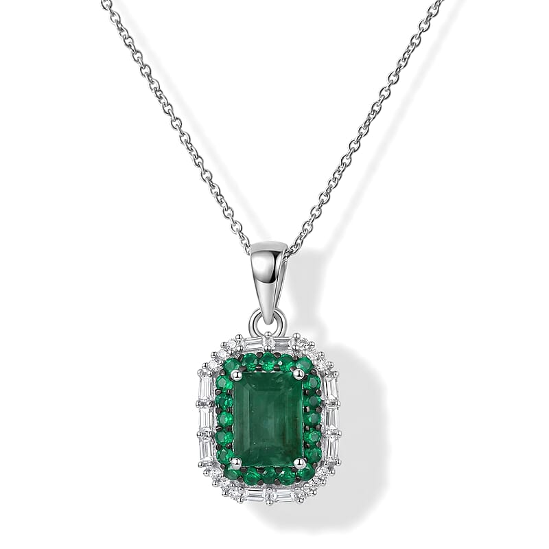 D'Joy Premium Kagem Zambian Emerald and Moissanite 1.65 ctw Royal Glow Pendant Necklace in Rhodium Over Sterling Silver 18 Inches