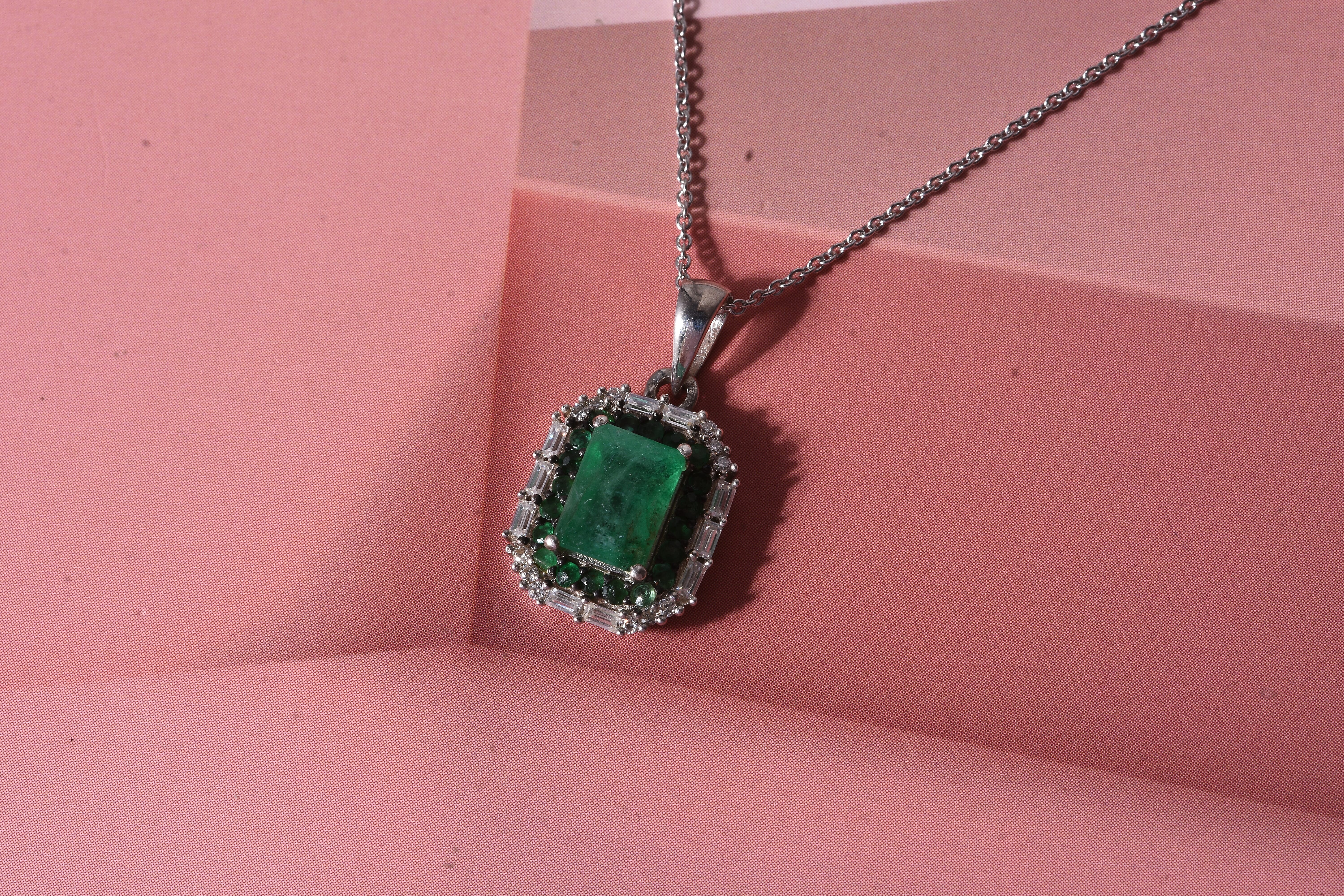D'Joy Premium Kagem Zambian Emerald and Moissanite 1.65 ctw Royal Glow Pendant Necklace in Rhodium Over Sterling Silver 18 Inches