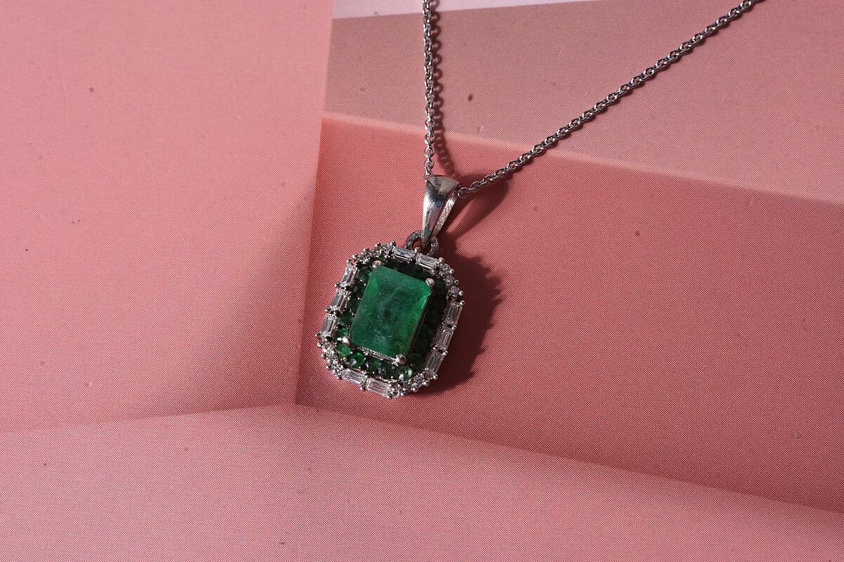 D'Joy Premium Kagem Zambian Emerald and Moissanite 1.65 ctw Royal Glow Pendant Necklace in Rhodium Over Sterling Silver 18 Inches image number 1