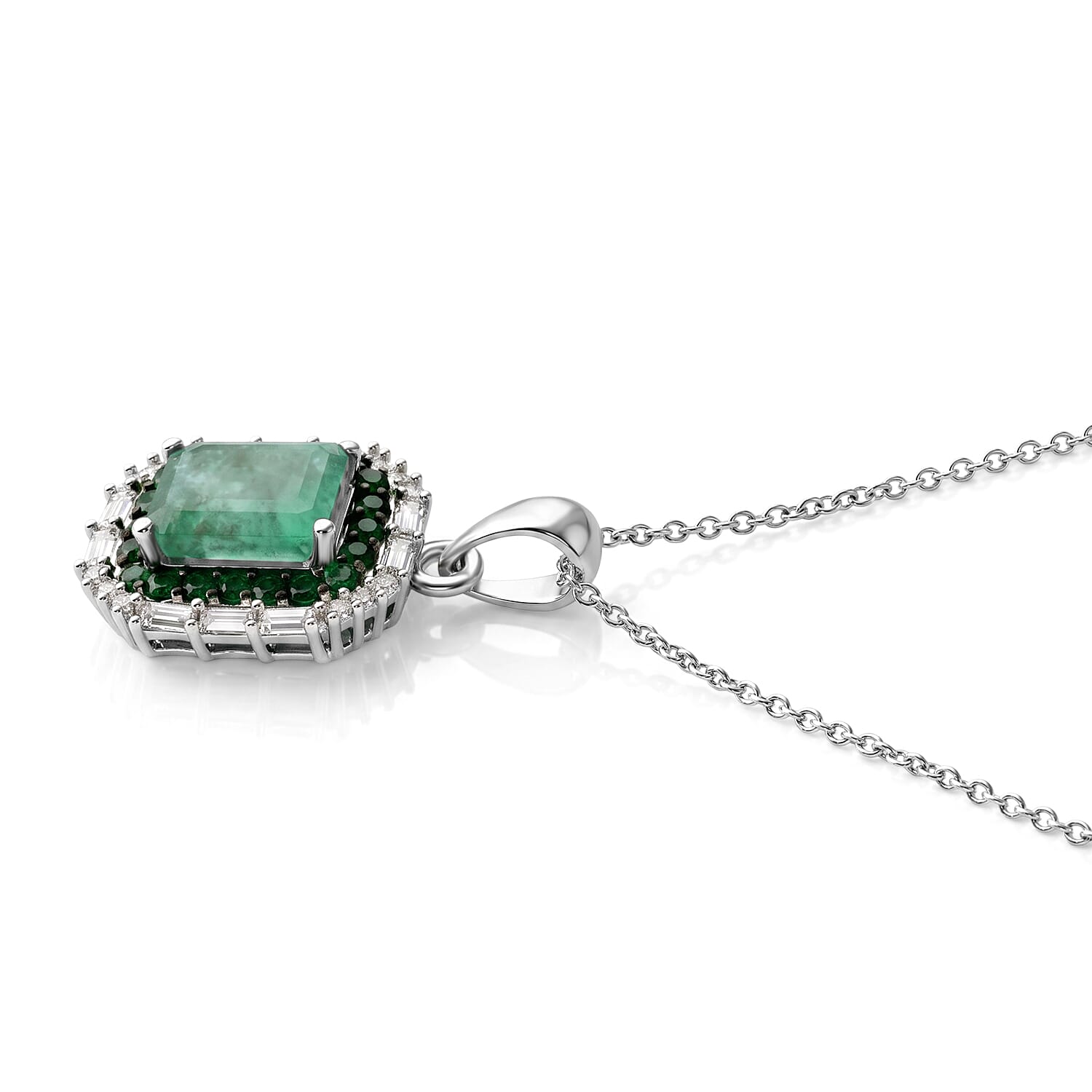 D'Joy Premium Kagem Zambian Emerald and Moissanite 1.65 ctw Royal Glow Pendant Necklace in Rhodium Over Sterling Silver 18 Inches