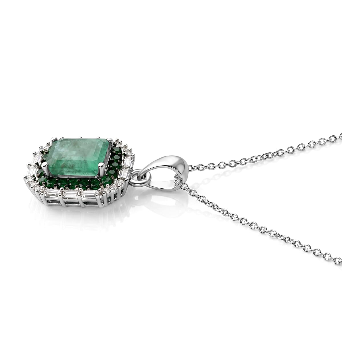 D'Joy Premium Kagem Zambian Emerald and Moissanite 1.65 ctw Royal Glow Pendant Necklace in Rhodium Over Sterling Silver 18 Inches image number 2