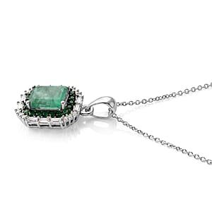 D'Joy Premium Kagem Zambian Emerald and Moissanite 1.65 ctw Royal Glow Pendant Necklace in Rhodium Over Sterling Silver 18 Inches