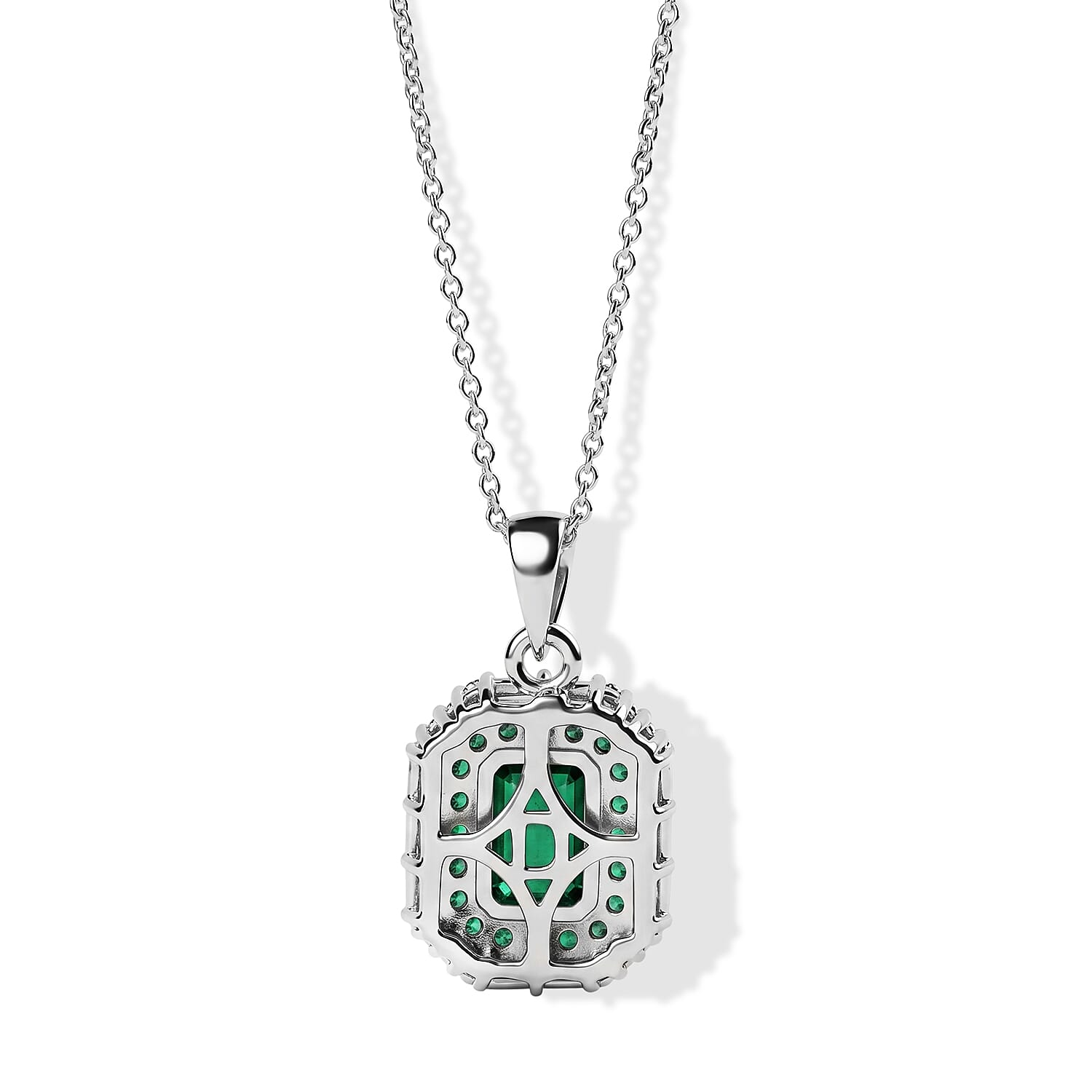 D'Joy Premium Kagem Zambian Emerald and Moissanite 1.65 ctw Royal Glow Pendant Necklace in Rhodium Over Sterling Silver 18 Inches