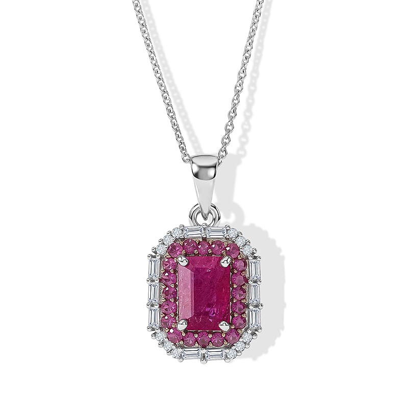 D'Joy Premium Montepuez Ruby and Moissanite 1.70 ctw Royal Glow Pendant Necklace in Rhodium Over Sterling Silver 18 Inches