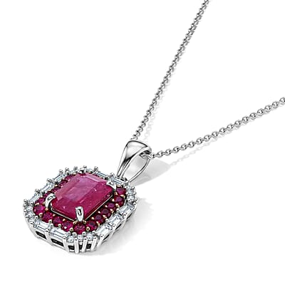 D'Joy Premium Montepuez Ruby and Moissanite 1.70 ctw Royal Glow Pendant Necklace in Rhodium Over Sterling Silver 18 Inches
