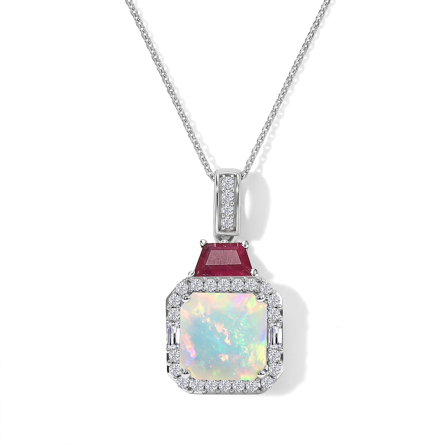 D'Joy AAA Ethiopian Welo Opal, Multi Gemstone Pendant Necklace (20 Inches) in Rhodium Over Sterling Silver 3.70 ctw