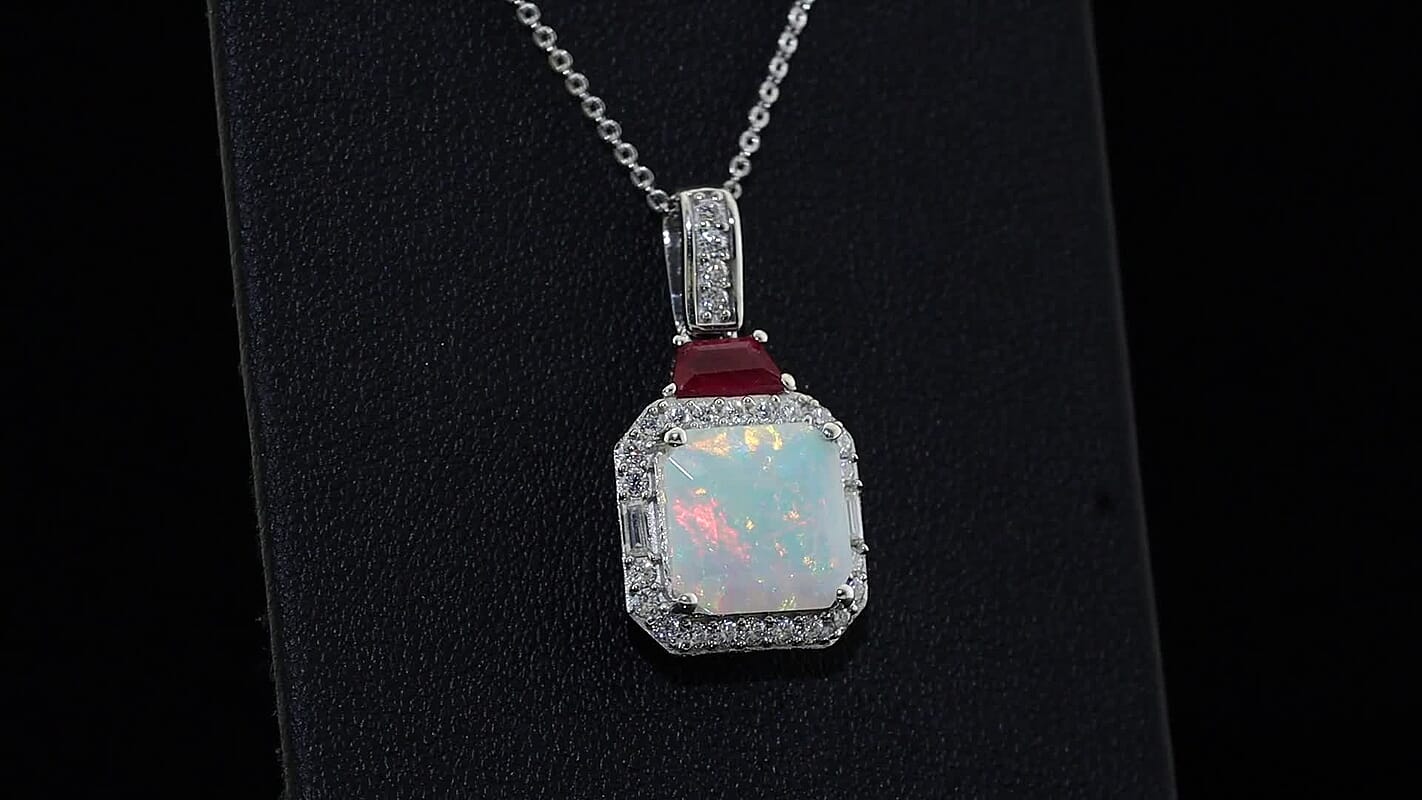 D'Joy AAA Ethiopian Welo Opal, Multi Gemstone Pendant Necklace (20 Inches) in Rhodium Over Sterling Silver 3.70 ctw