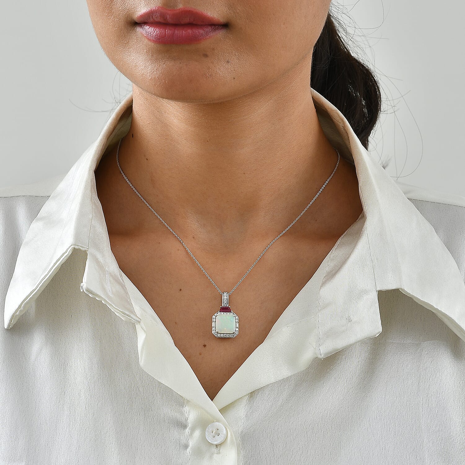 D'Joy AAA Ethiopian Welo Opal and Multi Gemstone 3.70 ctw Geometric Radiance Pendant Necklace in Rhodium Over Sterling Silver (20 Inches)