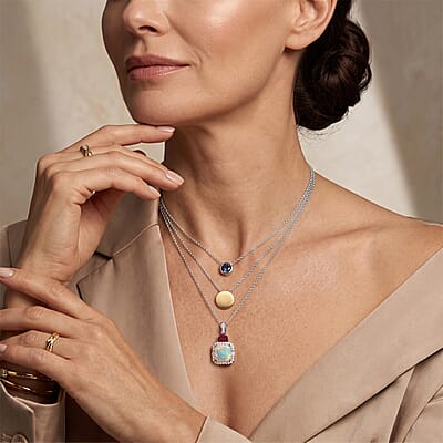 D'Joy AAA Ethiopian Welo Opal and Multi Gemstone 3.70 ctw Geometric Radiance Pendant Necklace in Rhodium Over Sterling Silver (20 Inches)