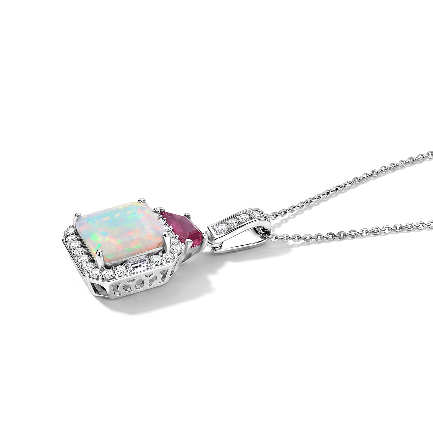 D'Joy AAA Ethiopian Welo Opal and Multi Gemstone 3.70 ctw Geometric Radiance Pendant Necklace in Rhodium Over Sterling Silver (20 Inches)