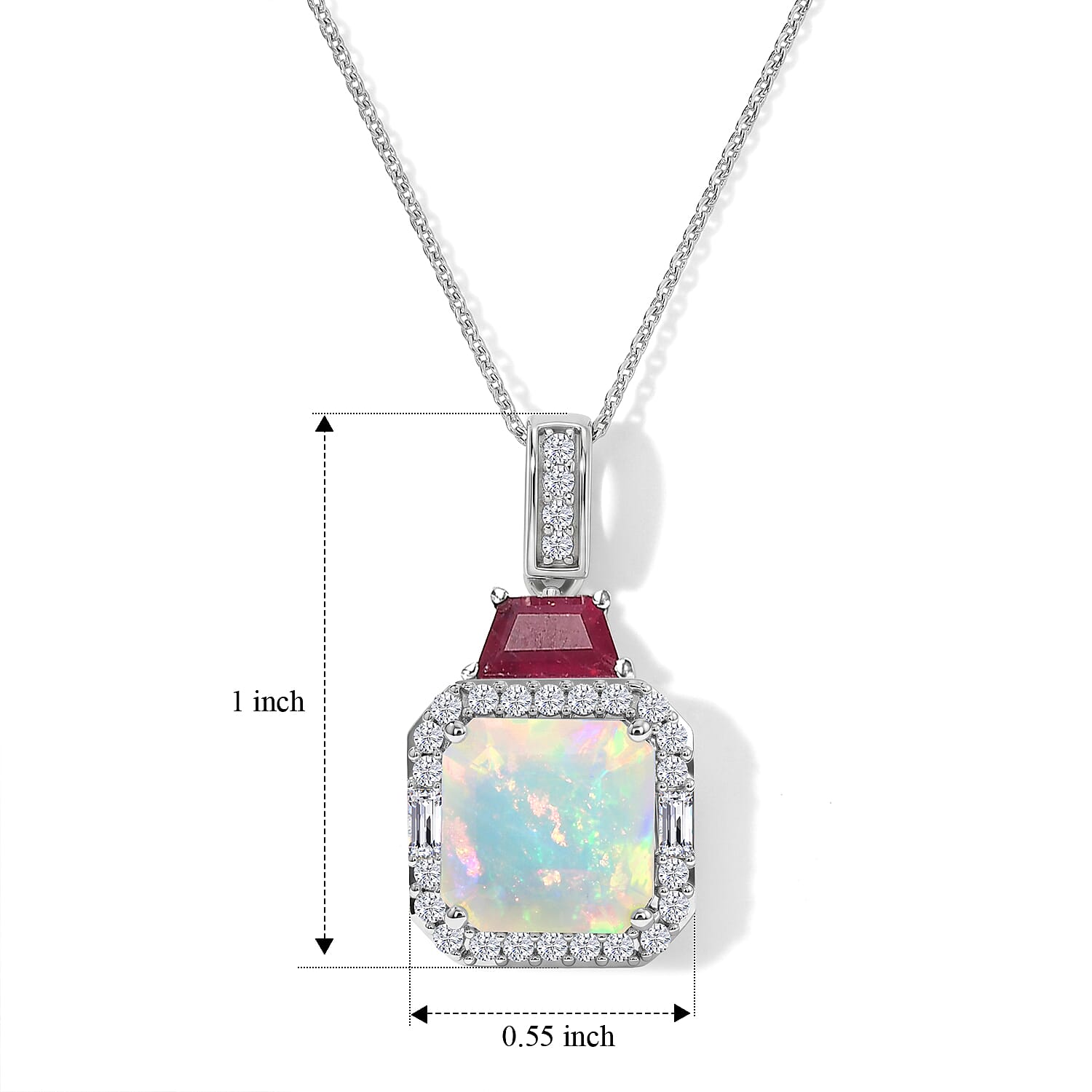 D'Joy AAA Ethiopian Welo Opal and Multi Gemstone 3.70 ctw Geometric Radiance Pendant Necklace in Rhodium Over Sterling Silver (20 Inches)