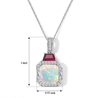 D'Joy AAA Ethiopian Welo Opal and Multi Gemstone 3.70 ctw Geometric Radiance Pendant Necklace in Rhodium Over Sterling Silver (20 Inches)
