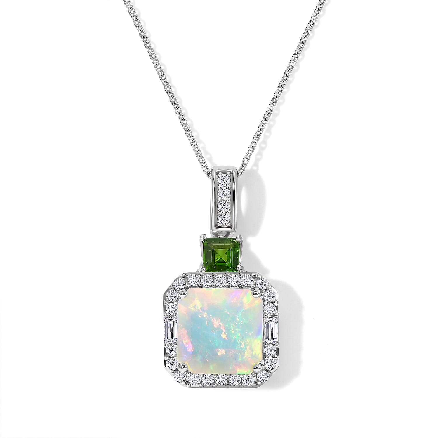 D'Joy AAA Ethiopian Welo Opal, Multi Gemstone Pendant Necklace (20 Inches) in Rhodium Over Sterling Silver 3.70 ctw