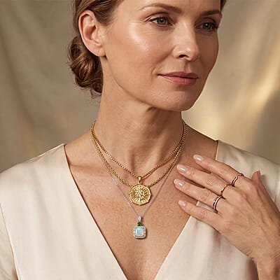 D'Joy AAA Ethiopian Welo Opal and Multi Gemstone 4.00 ctw Geometric Radiance Pendant Necklace in Rhodium Over Sterling Silver (20 Inches)