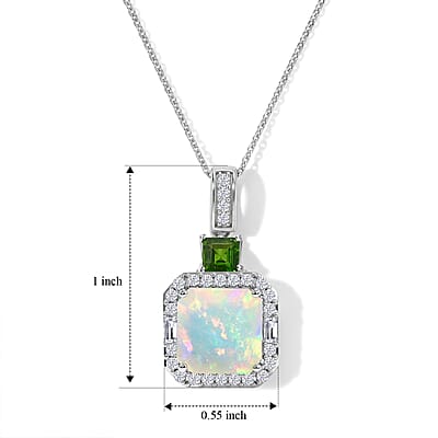 D'Joy AAA Ethiopian Welo Opal and Multi Gemstone 4.00 ctw Geometric Radiance Pendant Necklace in Rhodium Over Sterling Silver (20 Inches)