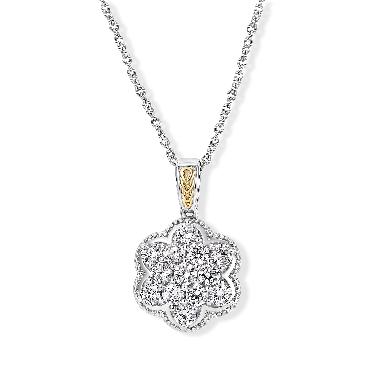 EverTrue Simulated Diamond Pendant in 18K YG Plated and Platinum Bond with Stainless Steel Necklace 20 Inches