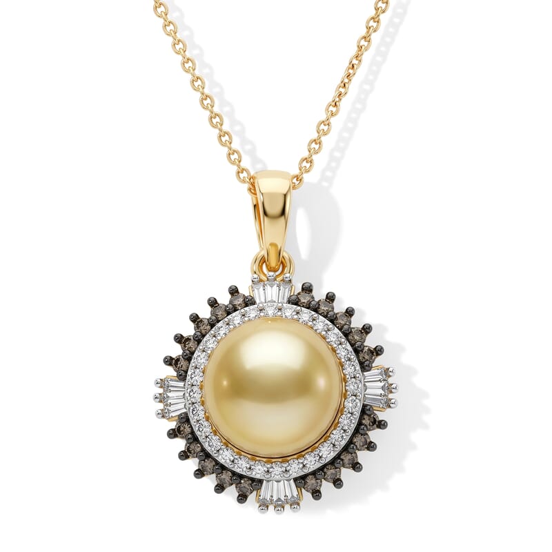 D'Joy Premium Golden South Sea Cultured Pearl, Champagne and White Diamond 0.50 ctw Pendant Necklace in 18K Vermeil Yellow Gold Over Sterling Silver 20 Inches