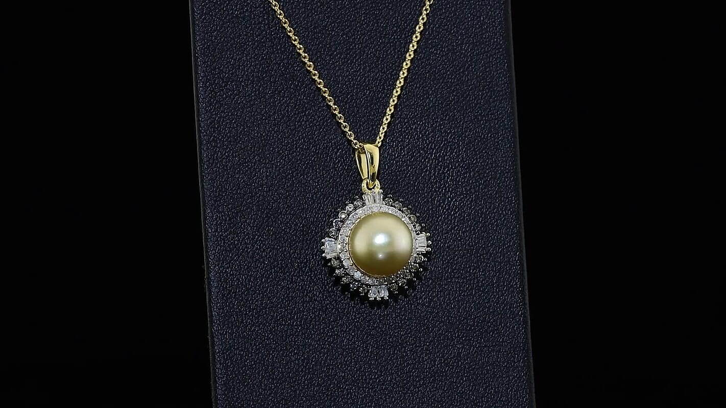 D'Joy Premium Golden South Sea Cultured Pearl (9-11mm), Champagne and White Diamond Pendant Necklace (20 Inches) in 18K Vermeil YG Over Sterling Silver 0.50 ctw