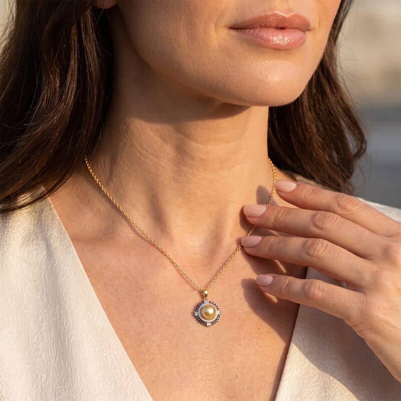 D'Joy Premium Golden South Sea Cultured Pearl, Champagne and White Diamond 0.50 ctw Pendant Necklace in 18K Vermeil Yellow Gold Over Sterling Silver 20 Inches