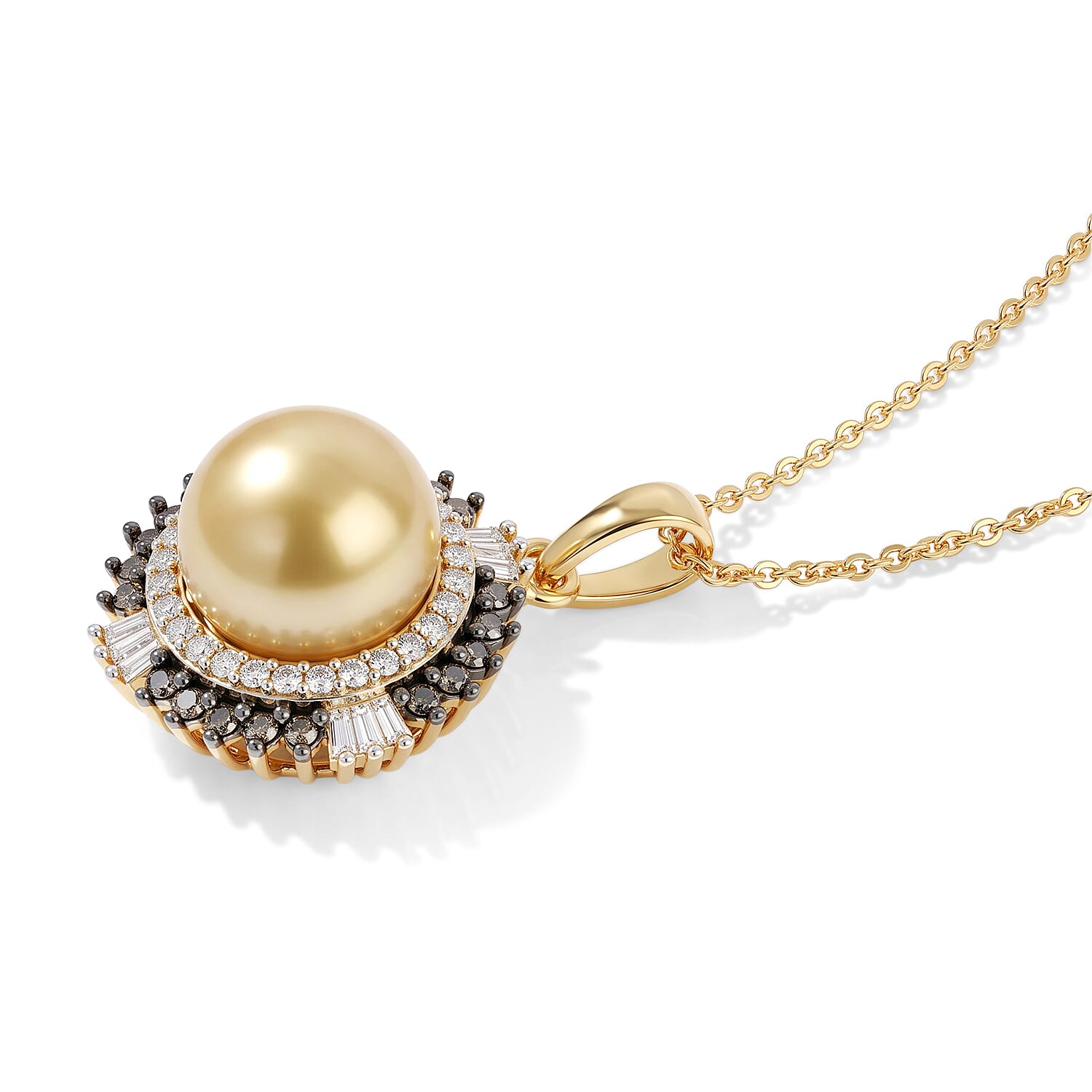 D'Joy Premium Golden South Sea Cultured Pearl, Champagne and White Diamond 0.50 ctw Pendant Necklace in 18K Vermeil Yellow Gold Over Sterling Silver 20 Inches