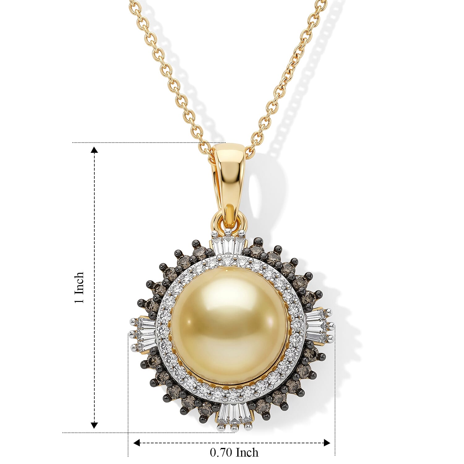 D'Joy Premium Golden South Sea Cultured Pearl, Champagne and White Diamond 0.50 ctw Pendant Necklace in 18K Vermeil Yellow Gold Over Sterling Silver 20 Inches