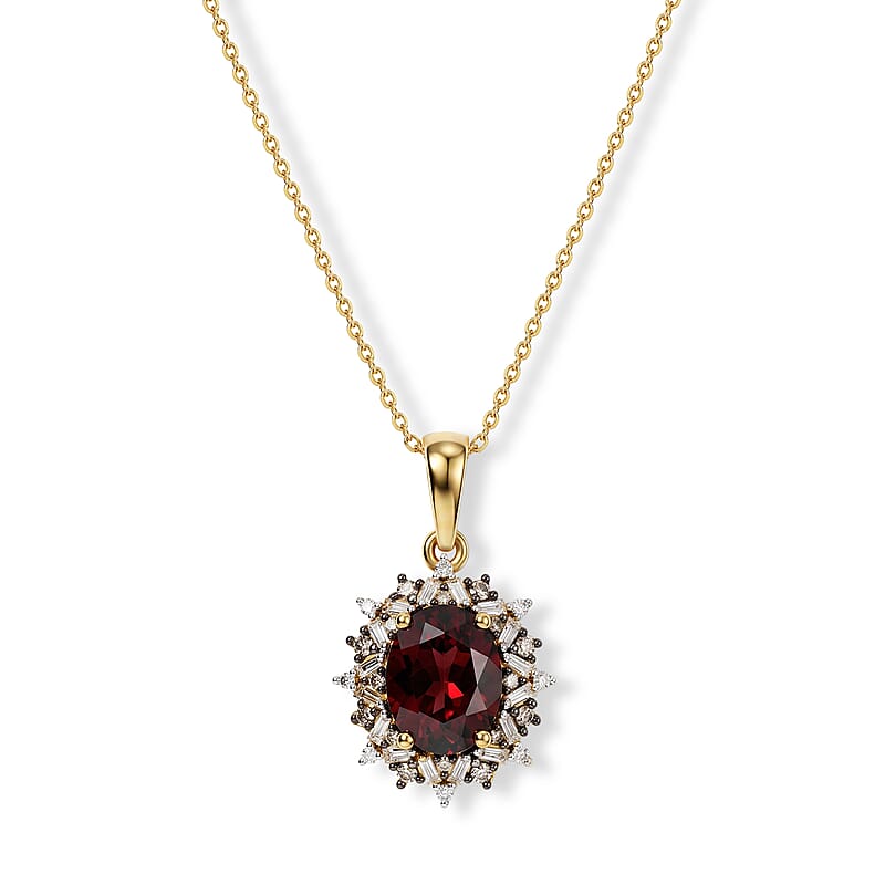 D'Joy Premium Orissa Rhodolite Garnet, Natural Champagne and White Diamond 2.60 ctw Berry Sunburst Pendant Necklace in 18K Vermeil Yellow Gold Over Sterling Silver 20 Inches