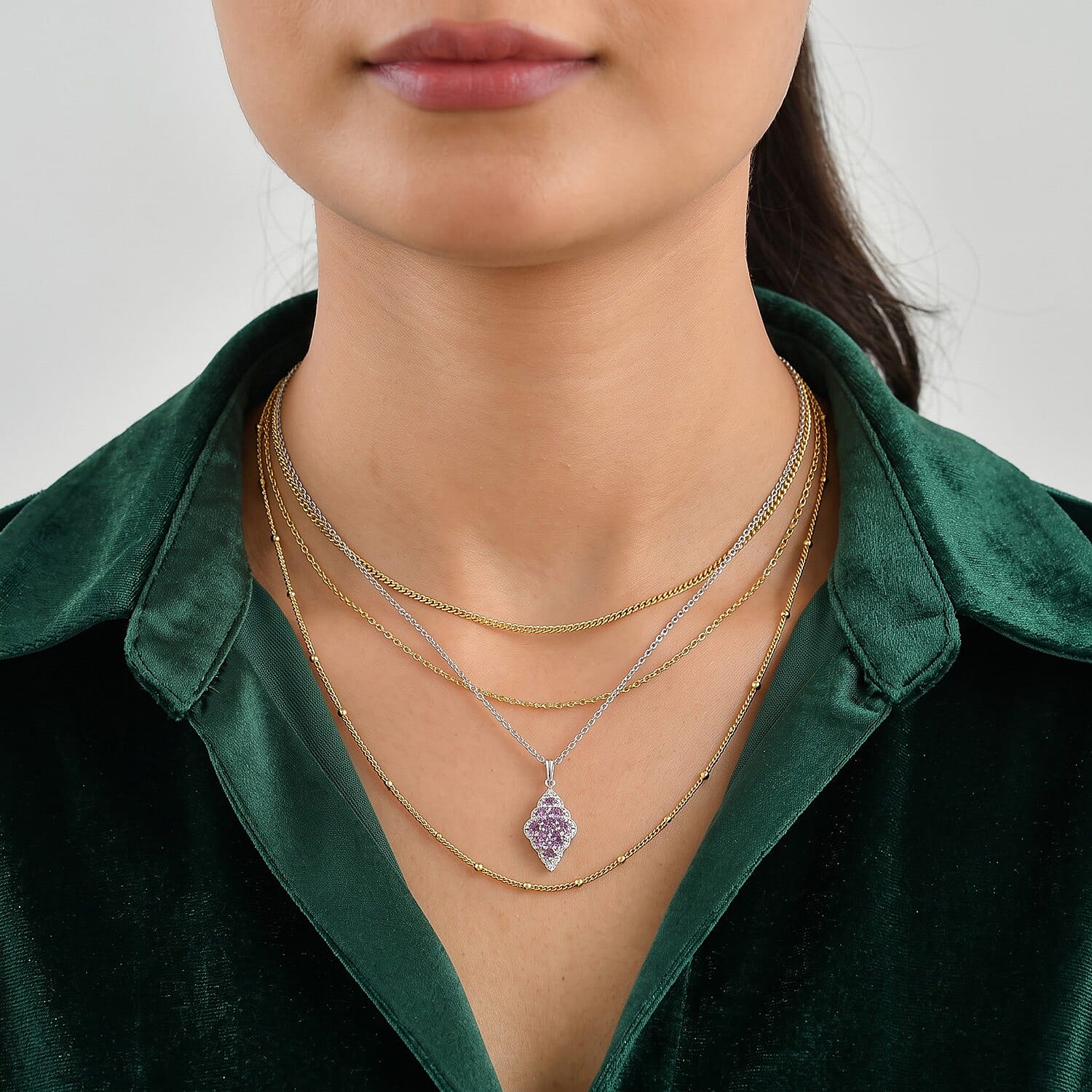 EverTrue Simulated Orchid Diamond Pendant in Platinum Bond with Stainless Steel Necklace (20 inches)