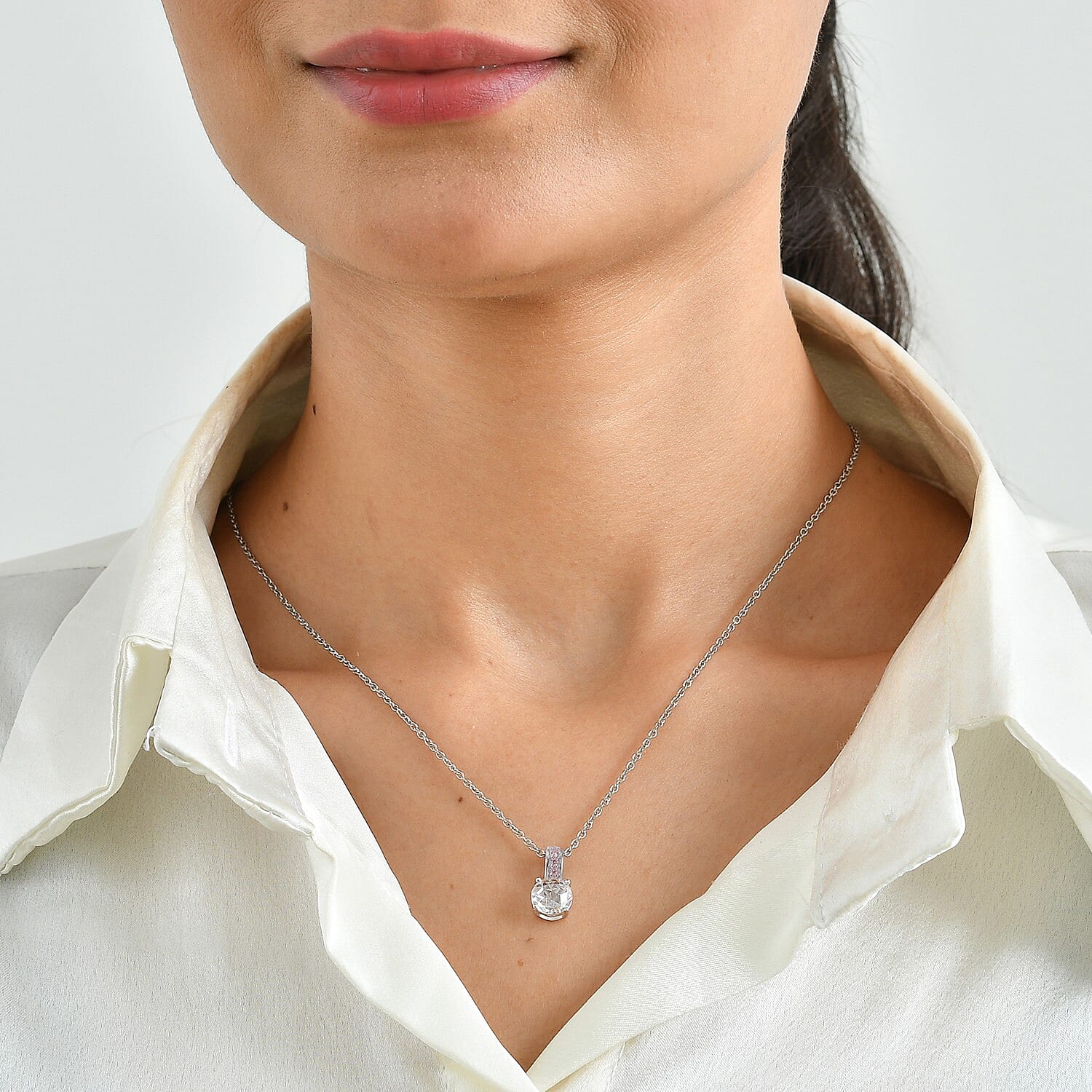 EverTrue Simulated White and Pink Diamond Pendant in Platinum Bond with Stainless Steel Necklace 20 Inches