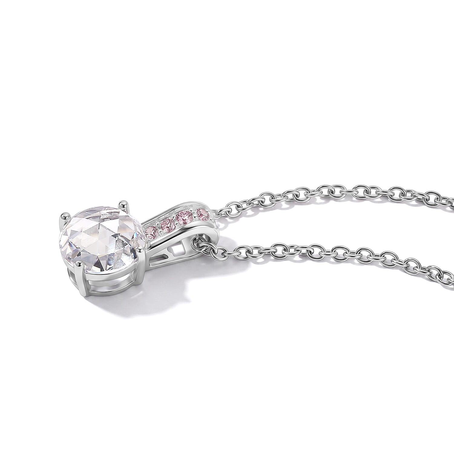 EverTrue Simulated White and Pink Diamond Pendant in Platinum Bond with Stainless Steel Necklace 20 Inches