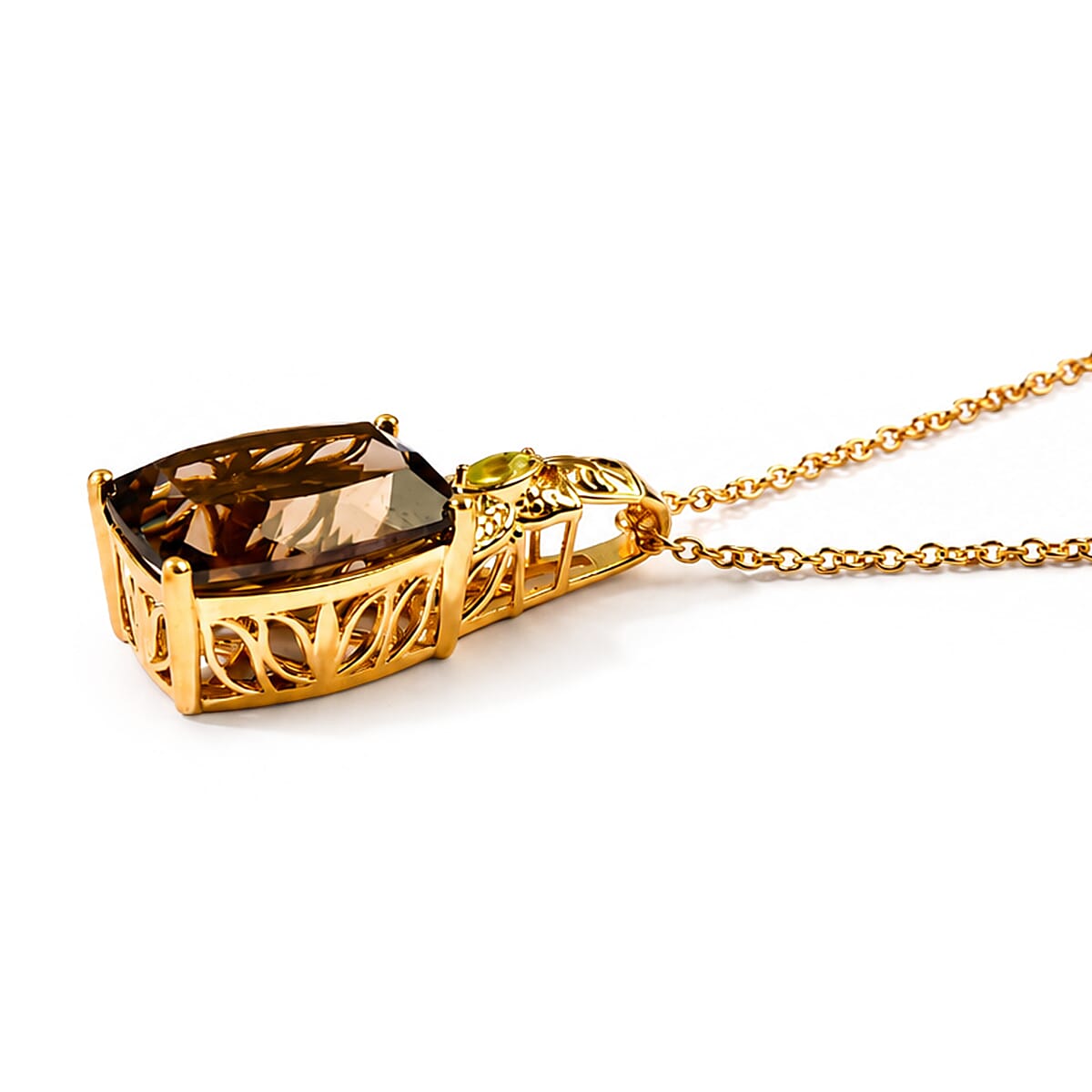 EverTrue Smoky Quartz and Hebei Peridot 13.70 ctw Pendant in 18K YG Plated Copper with ION Plated YG Stainless Steel Necklace 20 Inches