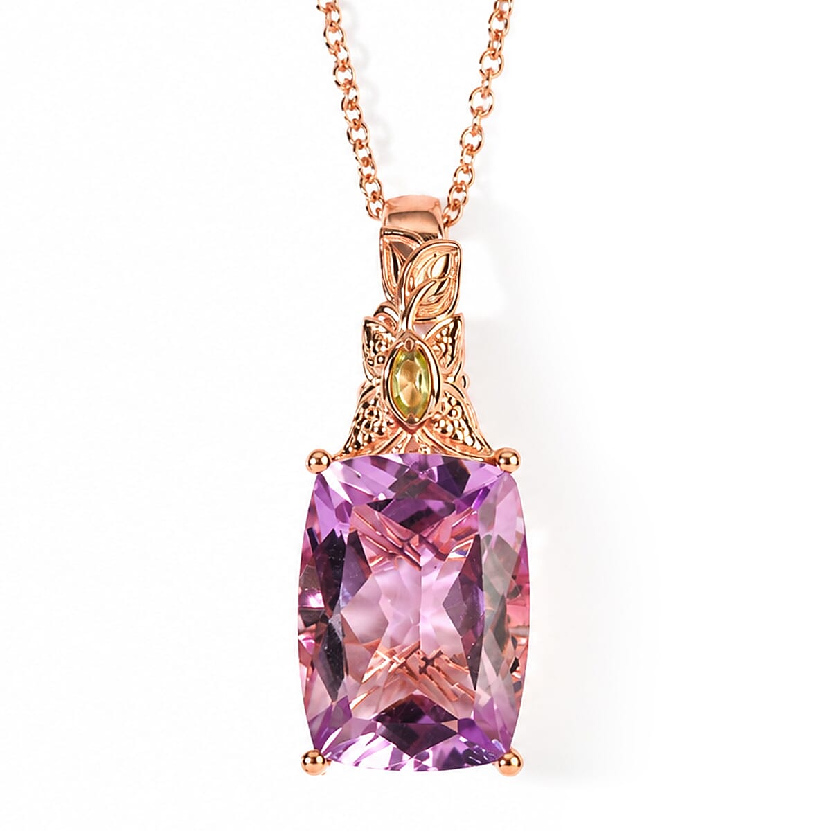EverTrue Rose De France Amethyst and Hebei Peridot 14.20 ctw Pendant in 18K RG Plated Copper with ION Plated RG Stainless Steel Necklace 20 Inches