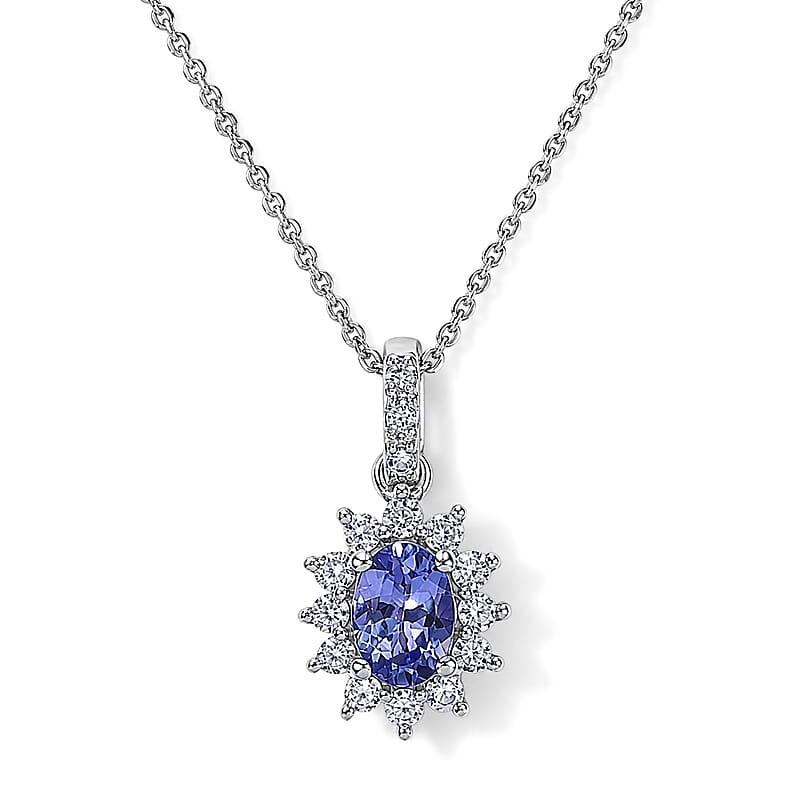 D'Joy Tanzanite and White Zircon 1.10 ctw Pendant Necklace in Rhodium Over Sterling Silver 20 Inches