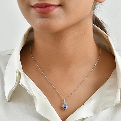 D'Joy Tanzanite and White Zircon 1.10 ctw Pendant Necklace in Rhodium Over Sterling Silver 20 Inches