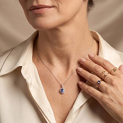 D'Joy Tanzanite and White Zircon 1.10 ctw Pendant Necklace in Rhodium Over Sterling Silver 20 Inches