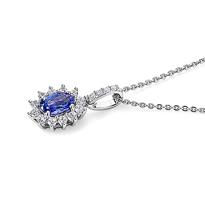 D'Joy Tanzanite and White Zircon 1.10 ctw Pendant Necklace in Rhodium Over Sterling Silver 20 Inches