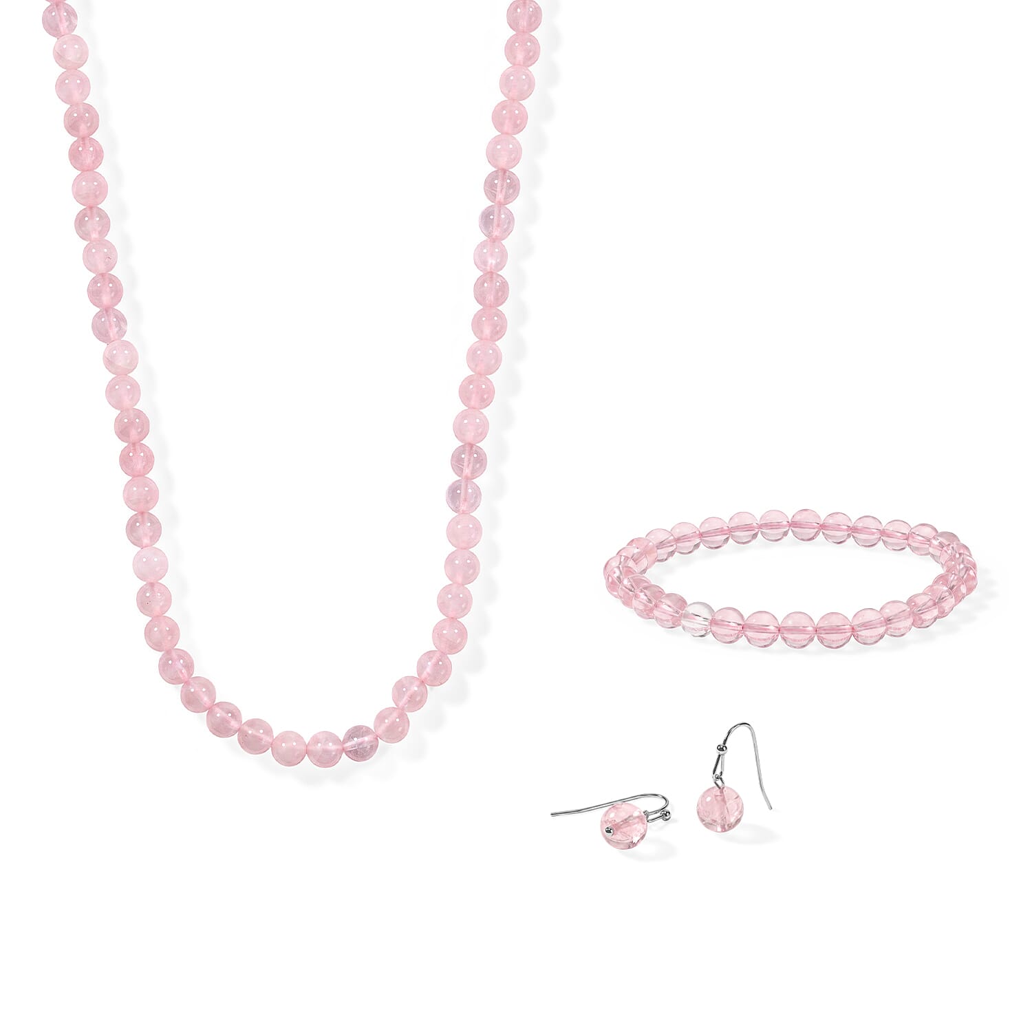 Galilea Rose Quartz 200.80 ctw Beaded Necklace 18-20 Inches and Stretch Bracelet and Earrings in Stainless Steel