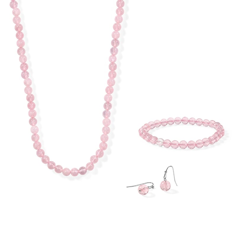 Galilea Rose Quartz 200.80 ctw Beaded Necklace 18-20 Inches and Stretch Bracelet and Earrings in Stainless Steel