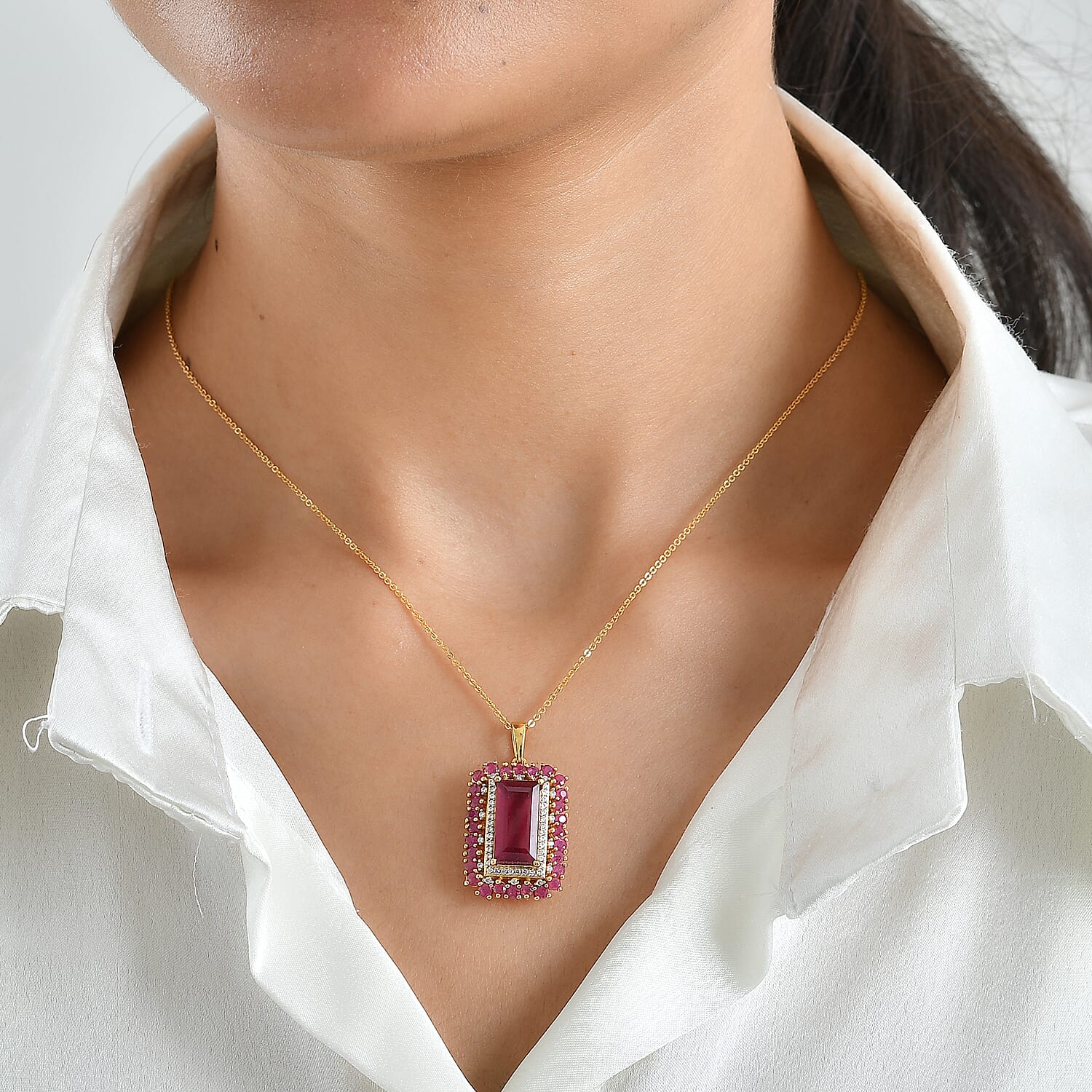 D'Joy Niassa Ruby (FF) and Moissanite 7.40 ctw Pendant Necklace in 18K Vermeil Yellow Gold Over Sterling Silver 20 Inches