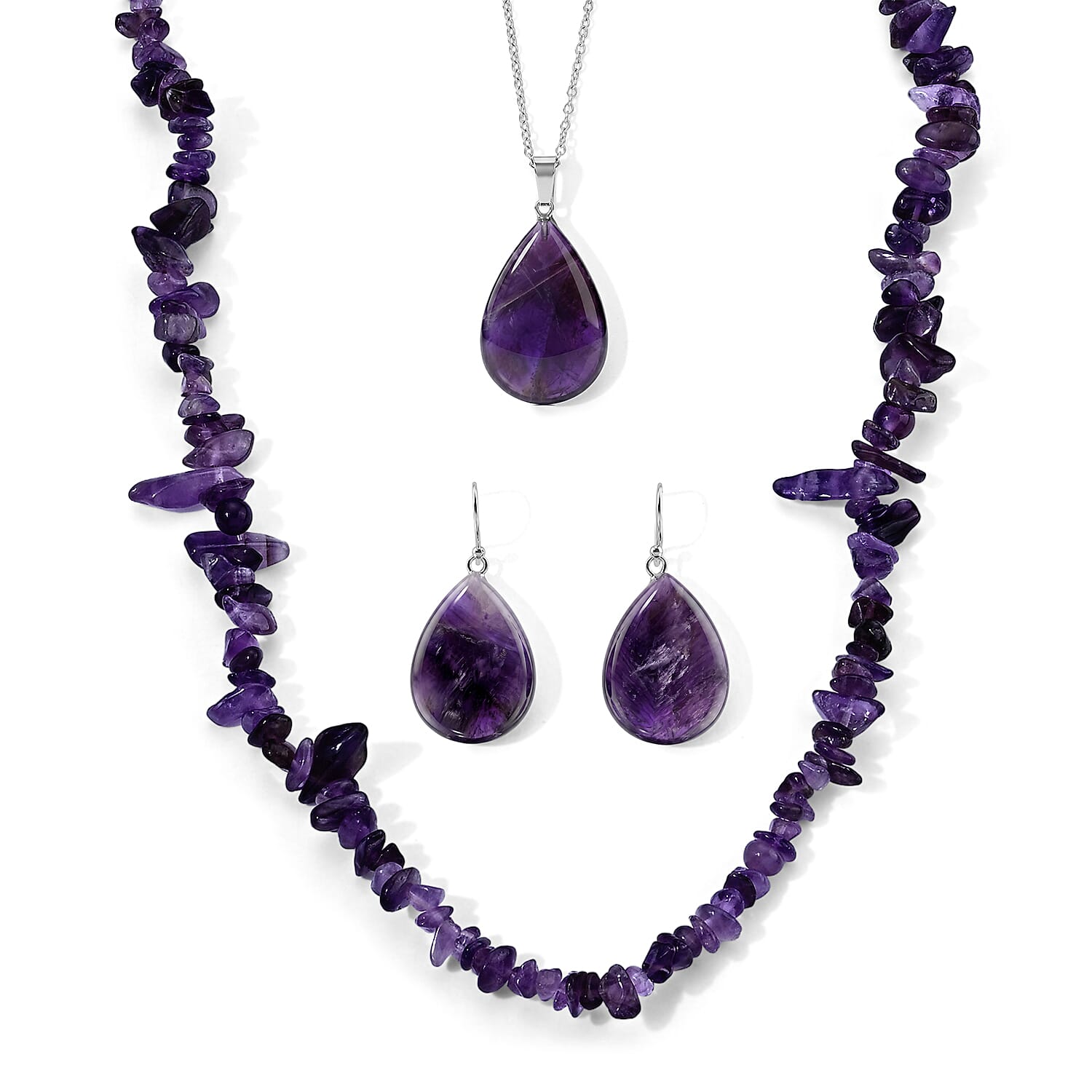 African Amethyst 355.00 ctw Earrings, Chips Necklace (24 Inches) and Pendant Necklace (20-22 Inches) in Stainless Steel