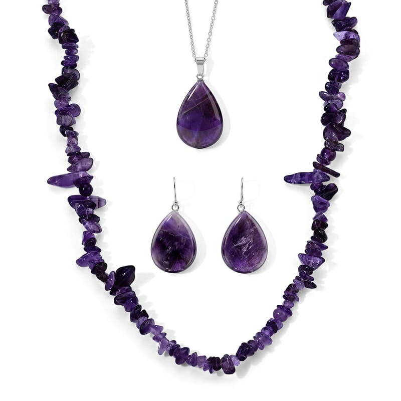 African Amethyst 355.00 ctw Earrings, Chips Necklace (24 Inches) and Pendant Necklace (20-22 Inches) in Stainless Steel