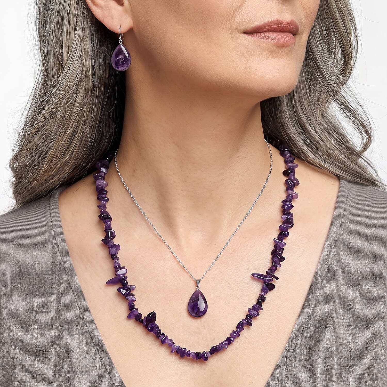 African Amethyst 355.00 ctw Earrings, Chips Necklace (24 Inches) and Pendant Necklace (20-22 Inches) in Stainless Steel