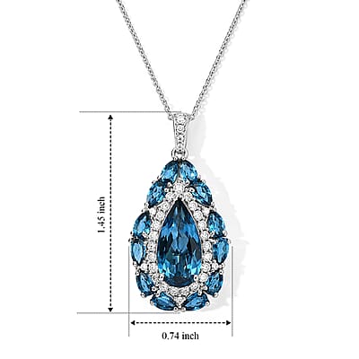 D'Joy London Blue Topaz and Moissanite 8.70 ctw Pendant Necklace in Rhodium Over Sterling Silver 20 Inches