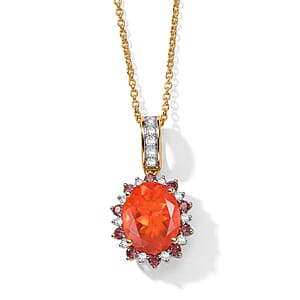 10K Yellow Gold Mexican Cherry Fire Opal and Padparadscha Sapphire and Luxuriant Lab Grown Diamond (G-H, SI) (0.15 cts) 2.20 ctw Sunset Bloom Pendant Necklace